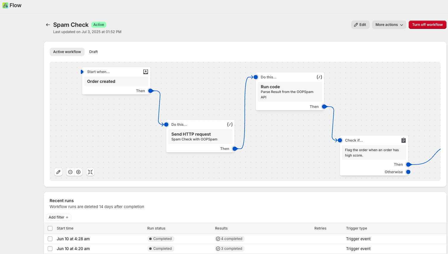 Recent runs in Flow app